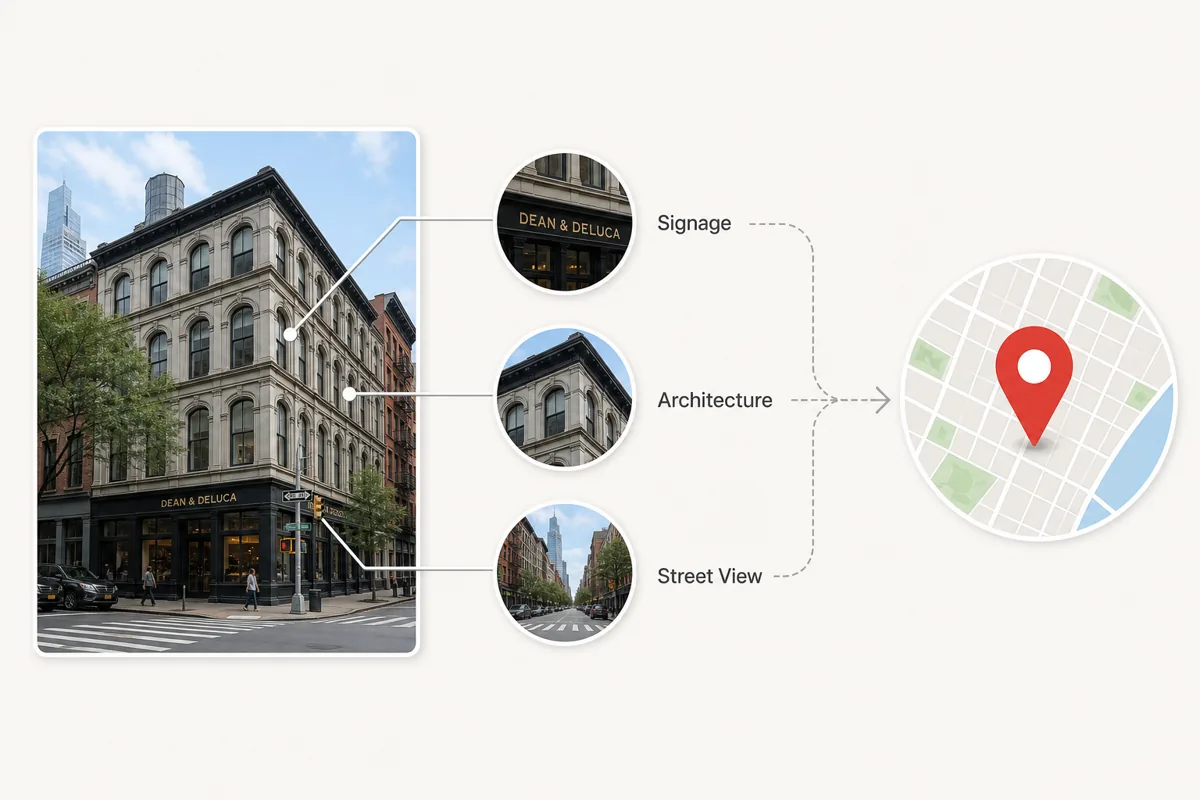 Diagrama mostrando como placas, arquitetura e Street View ajudam a localizar um prédio por foto