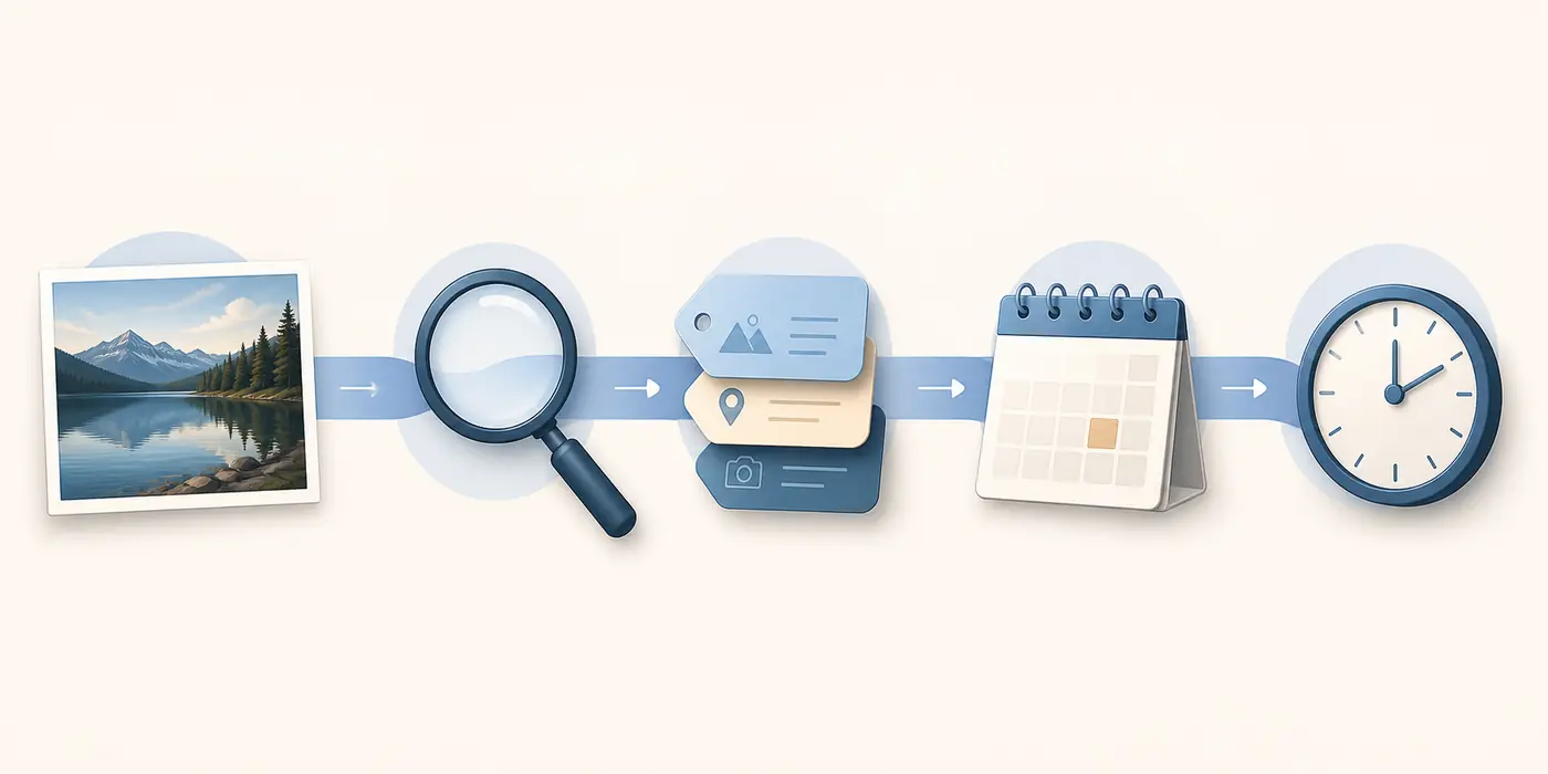 Editorial workflow from an original photo through metadata inspection to a calendar and clock