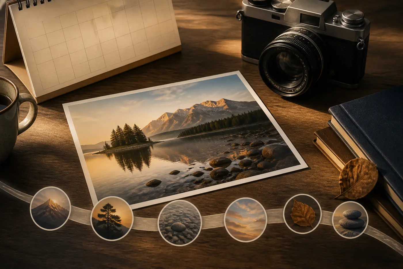 Editorial still life of a camera, printed photograph, calendar, and visual timeline clues