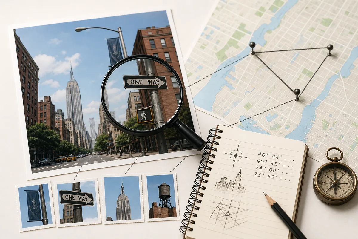 Editorial illustration of visual clues used to verify a photo location when GPS is missing