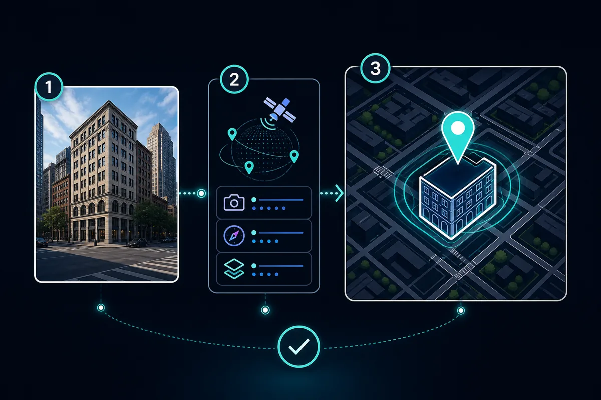 Illustration montrant une photo, des indices GPS et une carte pour verifier une localisation
