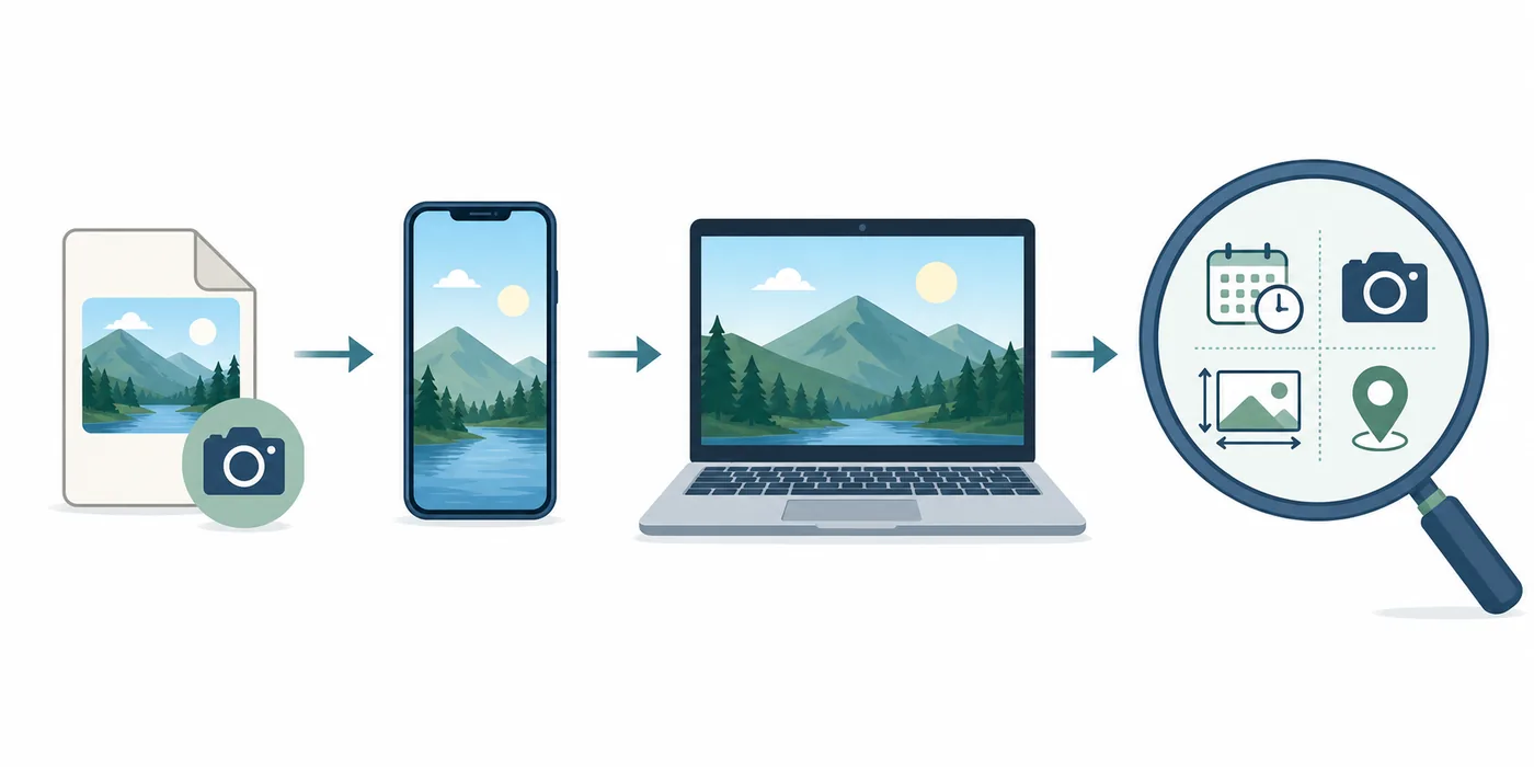 写真ファイルをスマートフォンとパソコンで確認するメタデータ調査の流れ