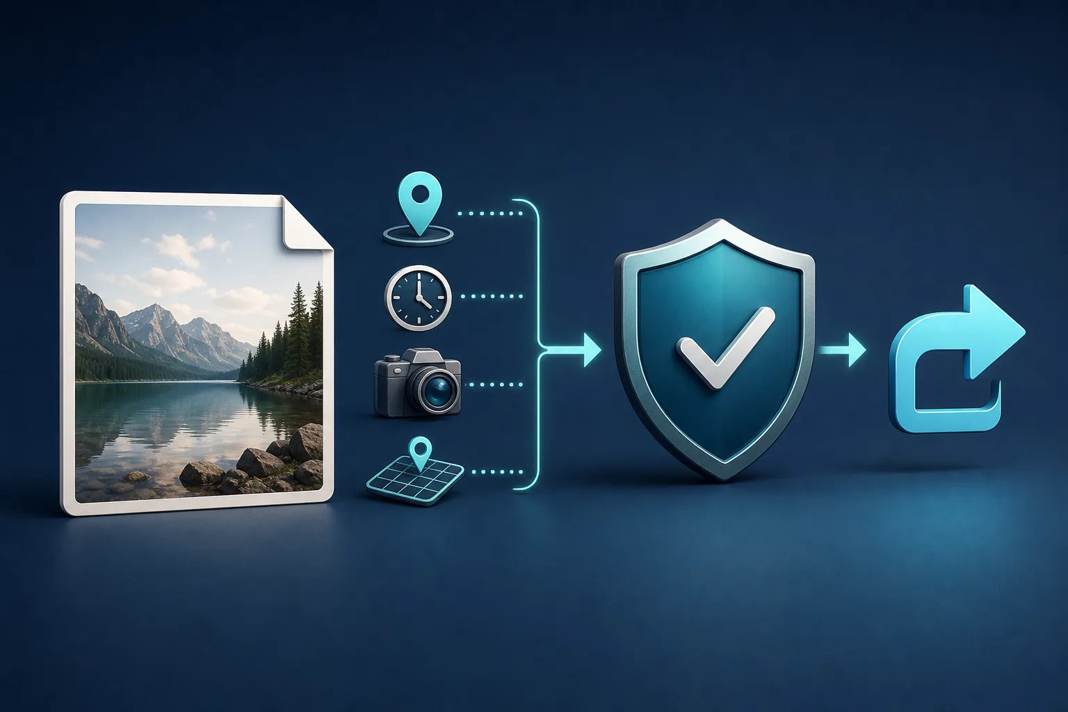 Photo metadata flowing through a privacy shield before sharing