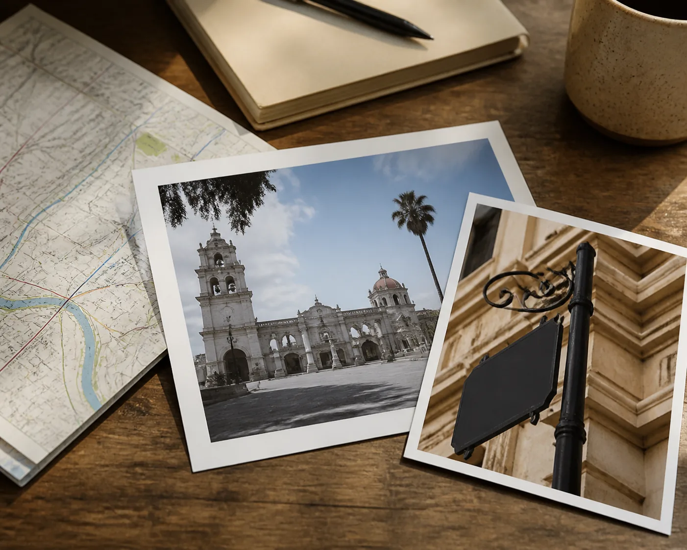 Travel research desk with landmark photos and a map used to find the name of a place
