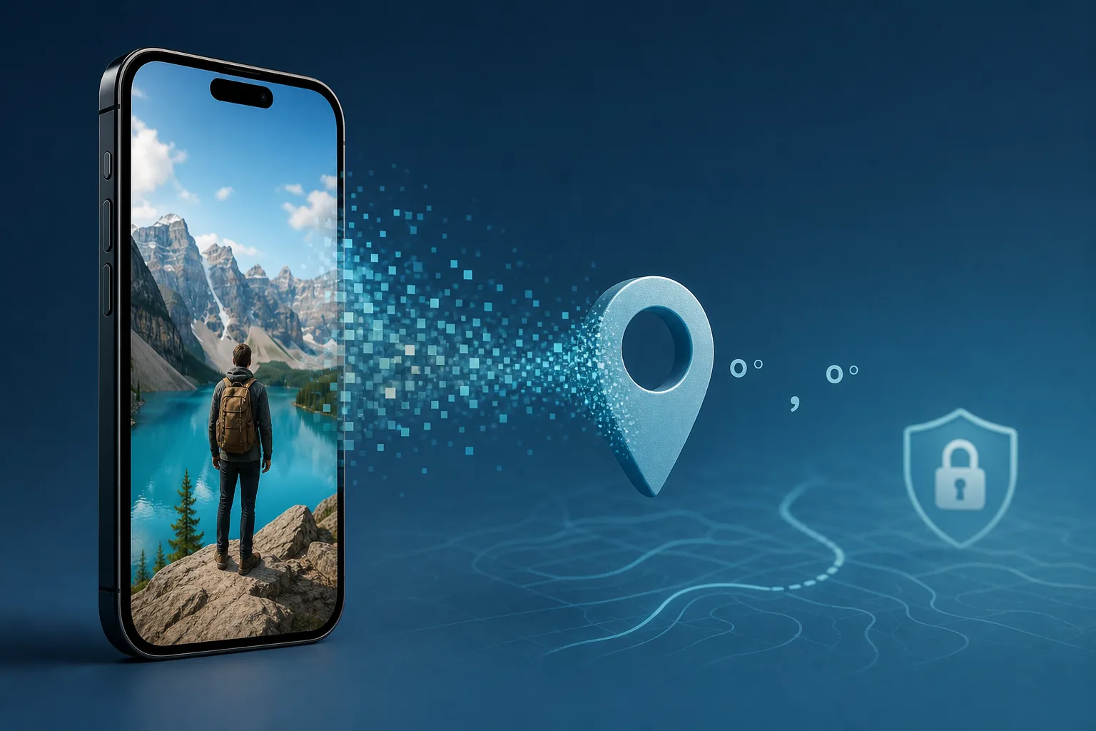 A smartphone photo with its location pin separating to protect privacy