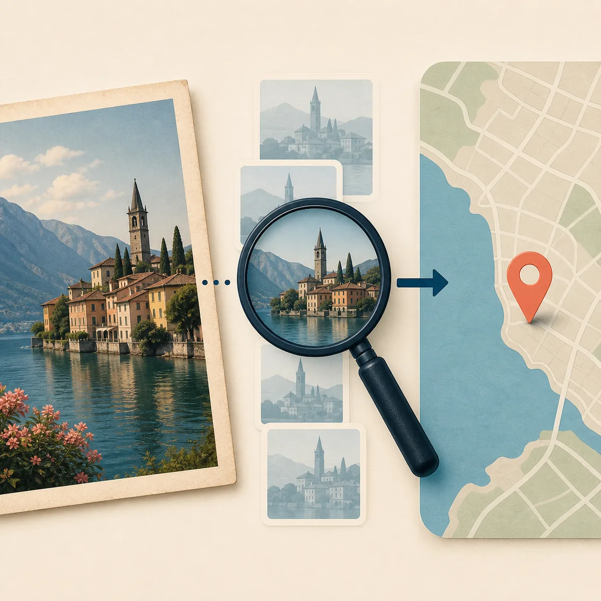 Editorial illustration showing a photo match leading to a map location pin