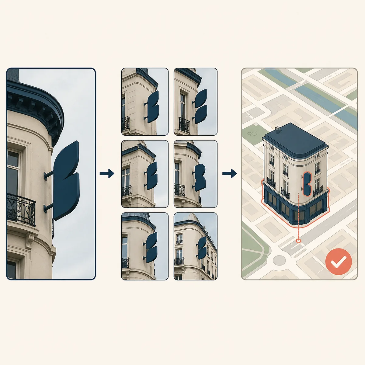 Editorial diagram showing a distinctive photo detail, visual matches, and a map building verification